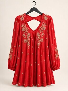 Anthropologie Red Mini Dress with Gold Embroidery